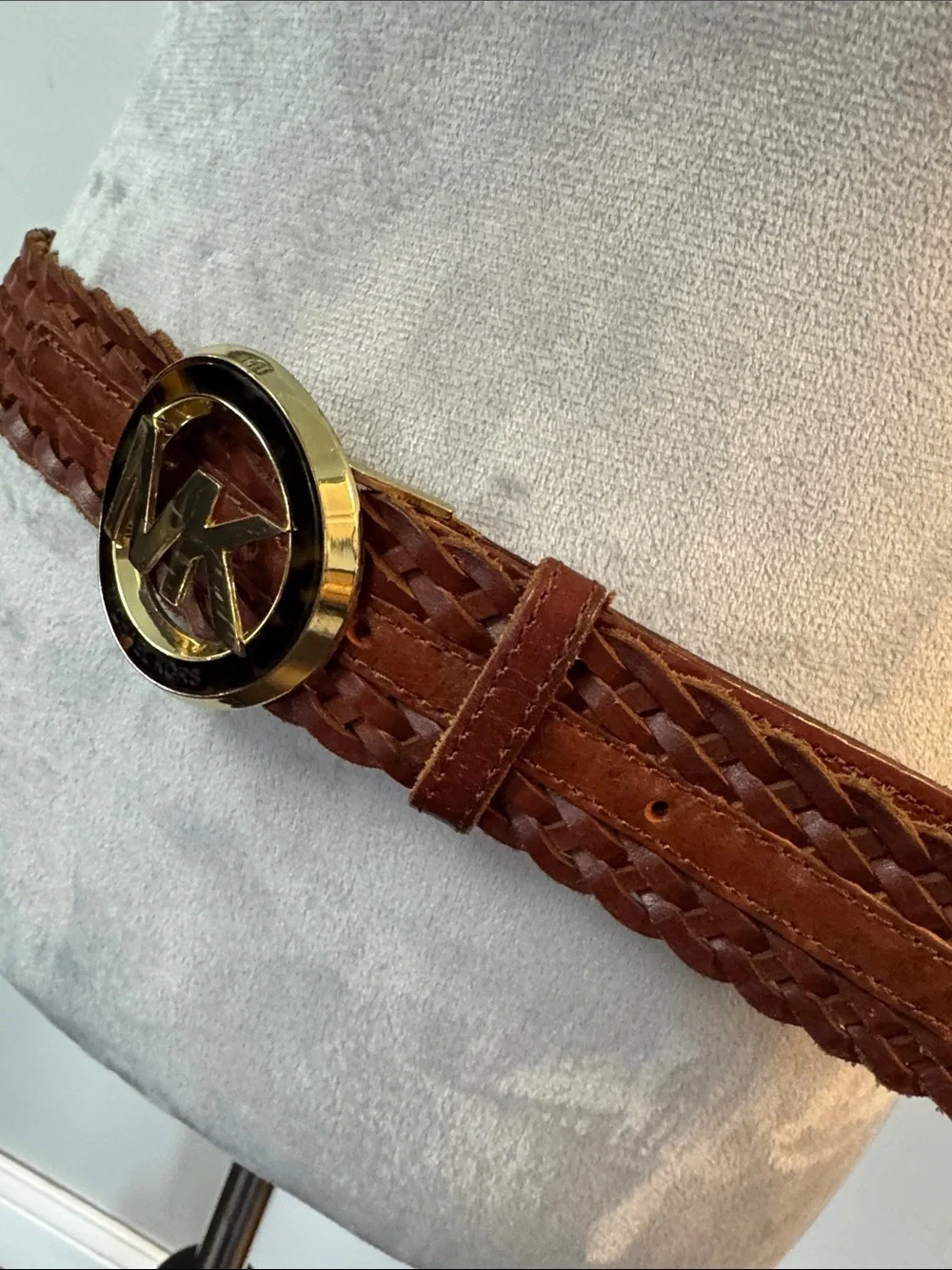 Michael Kors Woven Leather Belt with Gold MK Buckle - Chestnut M -L
